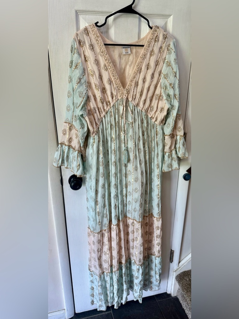 Ananta Boho Tiered V-Neck Maxi Dress - Mint & Blush